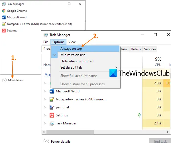 keep task manager always on top in windows 10