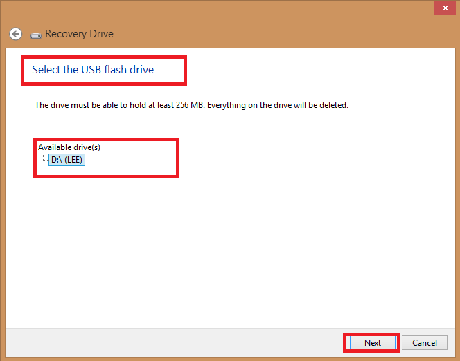 recovery drive-select a USB