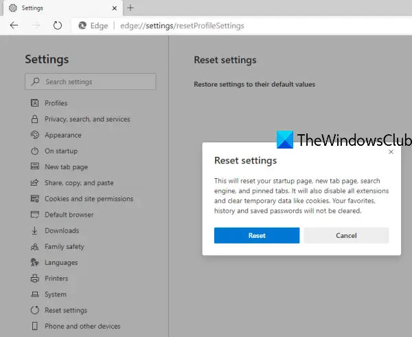 reset settings of microsoft edge