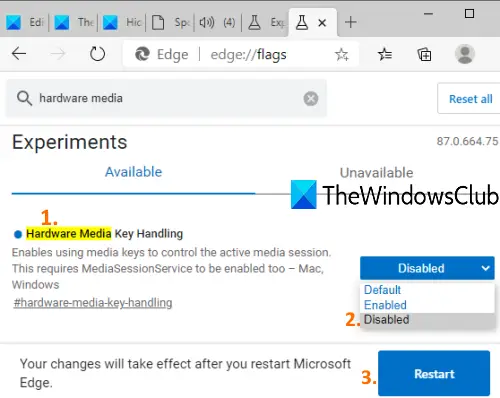 select disabled option for hardware media key handling and restart edge