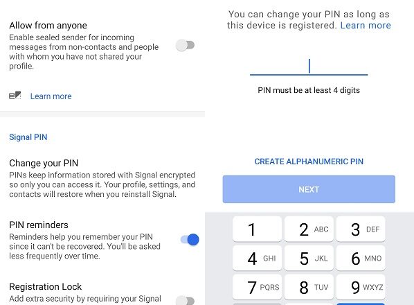 enable Screen Lock and Change PIN on Signal