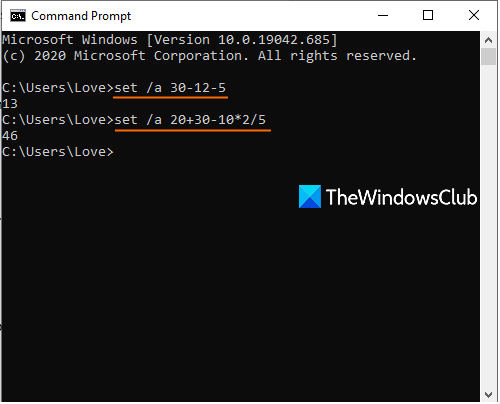 subtraction using command prompt window