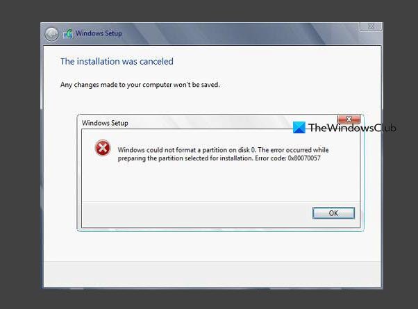 Windows could not format a partition on disk - Error 0x80070057