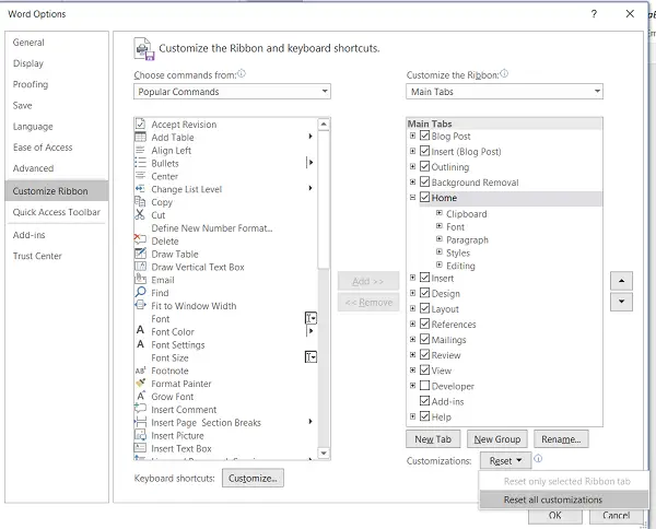 How to reset Ribbon Customizations to default in Microsoft Office?