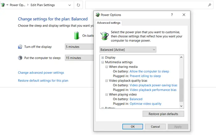 Change Power Plan Settings for multimedia