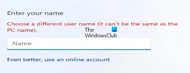Choose a different user name, It can't be the same as the PC name