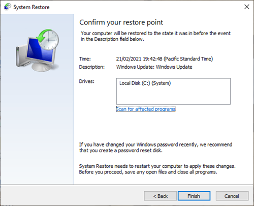 Confirm Restore point