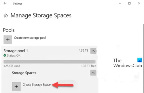 Create Storage Space for Storage Pool via Settings app