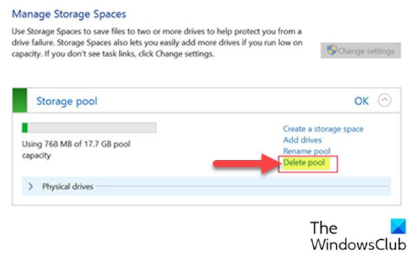 Delete a Storage Pool for Storage Spaces via Settings app