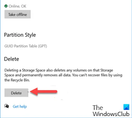 Delete a Storage Space from Storage Pool via Settings app