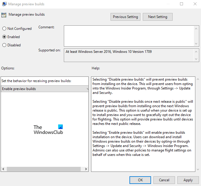 Disable Windows Insider Program Settings in Windows 10