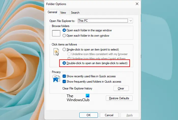 Disable single click to select option File Explorer