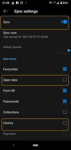 Enable Tab Sync in Edge mobile