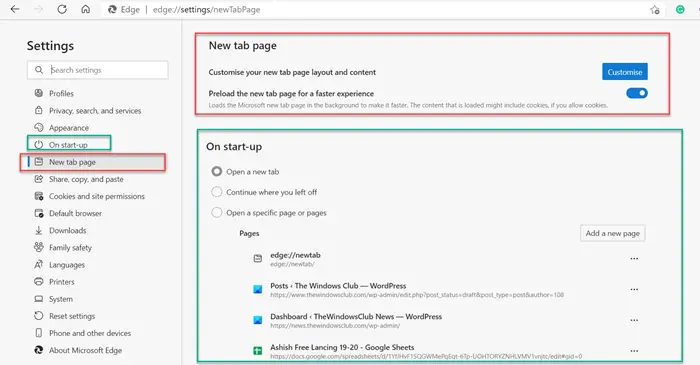 Microsoft Edge Change Startup new tab settings