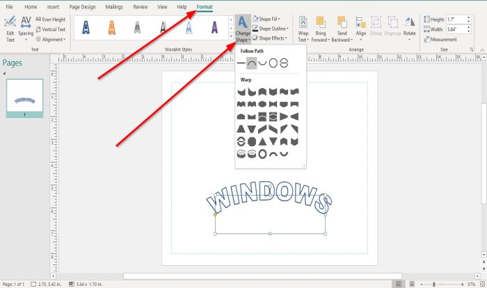 How to change the shape of WordArt Text tool in Microsoft Publisher