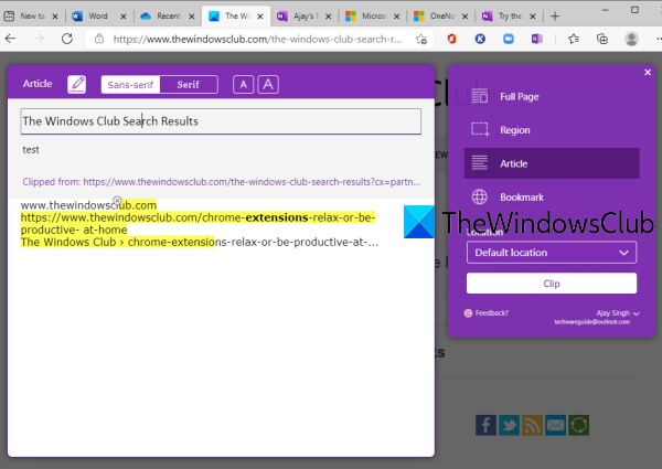 OneNote Web Clipper extension for Microsoft Edge