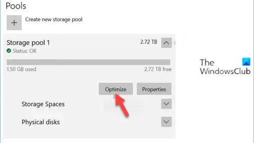 Optimize Drive Usage in Storage Pool for Storage Spaces via Settings app