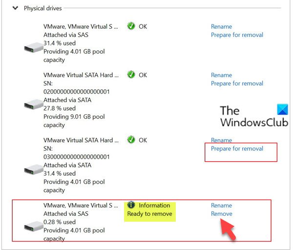 Remove Drive from Storage Pool for Storage Spaces via Control Panel