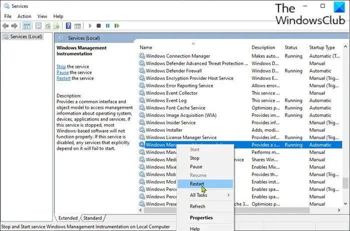 Restart the Windows Management Instrumentation (WMI) service