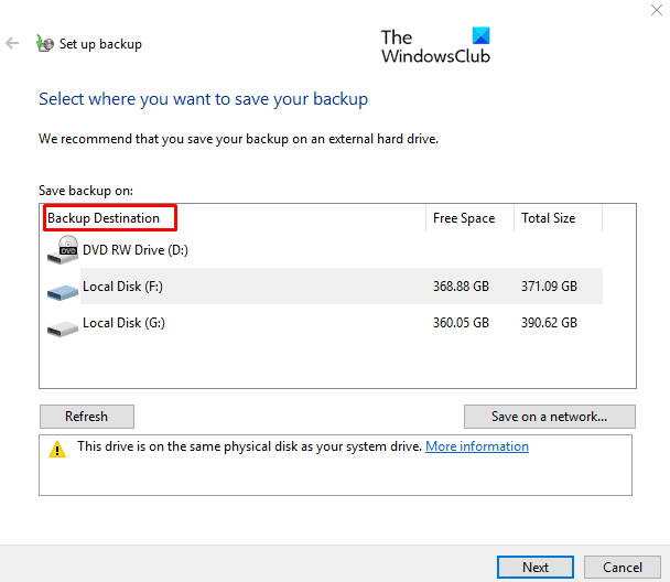 Select Where you want to store your backup