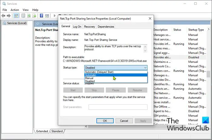 Set the NET.TCP Port Sharing Service to automatic startup