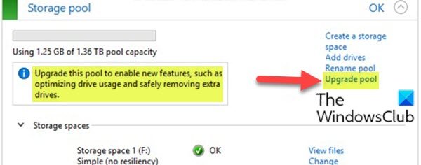 Upgrade Storage Pool for Storage Spaces via Settings app