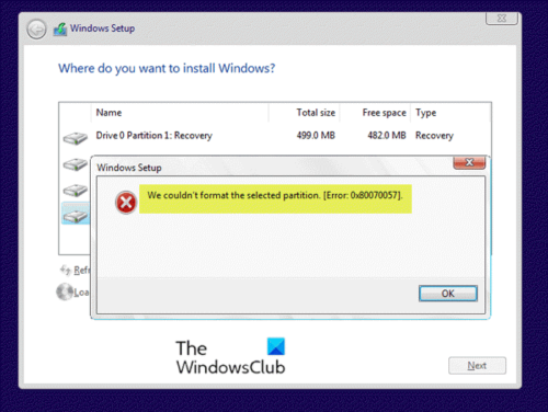 We couldn’t format the selected partition - Error 0x80070057
