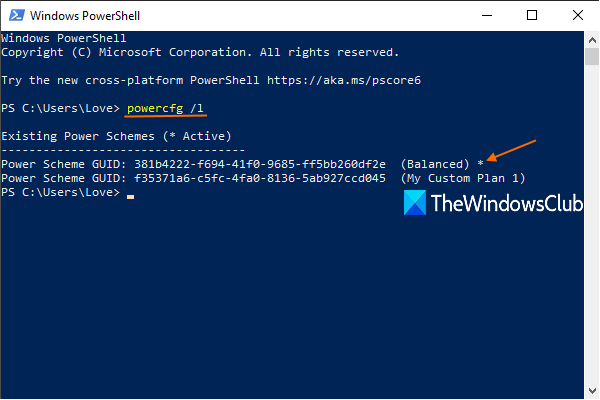 Windows PowerShell to view active and all power plans