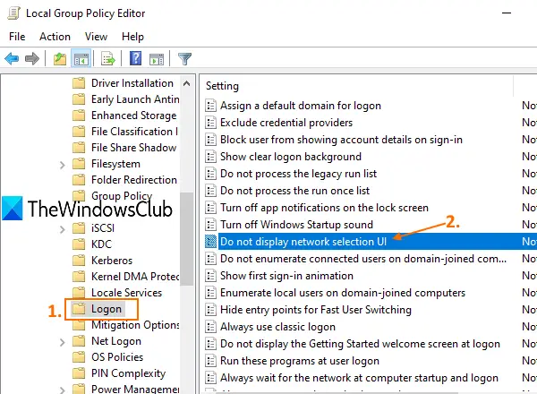 access logon folder and open Do not display network selection UI setting