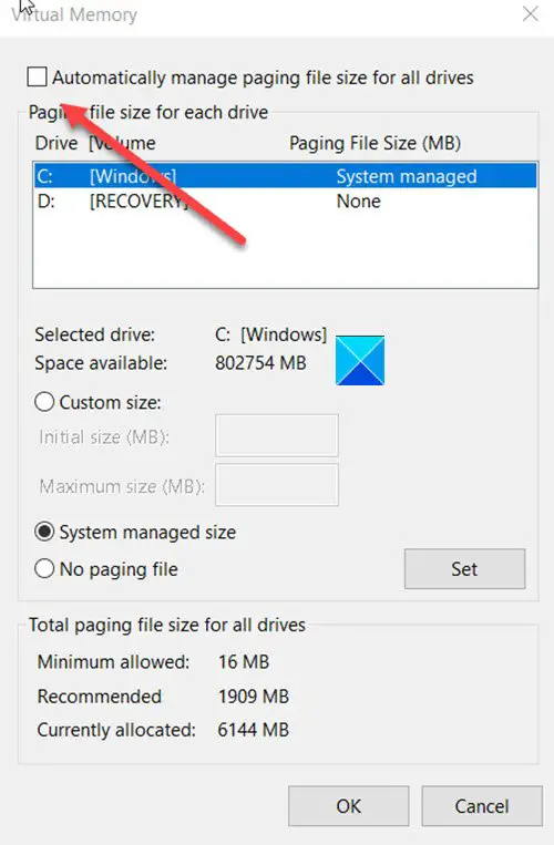 Automatically Manage Paging File Size Box