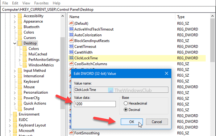 How to change mouse ClickLock time using Registry Editor