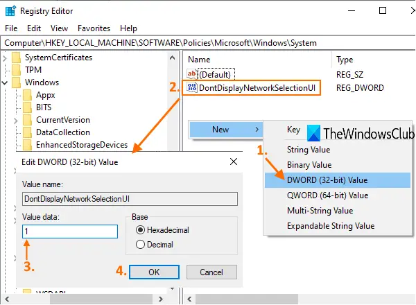 create DontDisplayNetworkSelectionUI value and set value data to 1