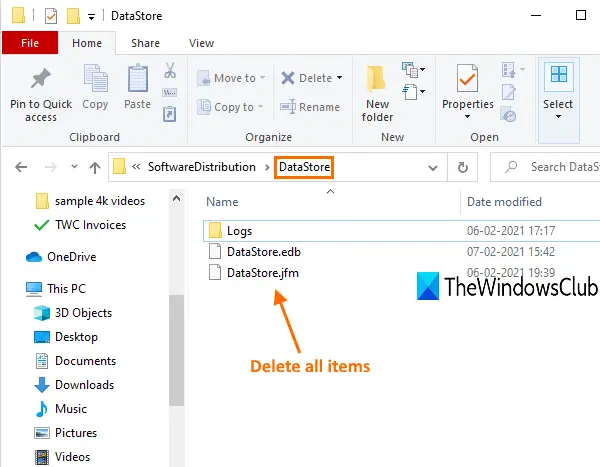 delete all items present in DataStore folder