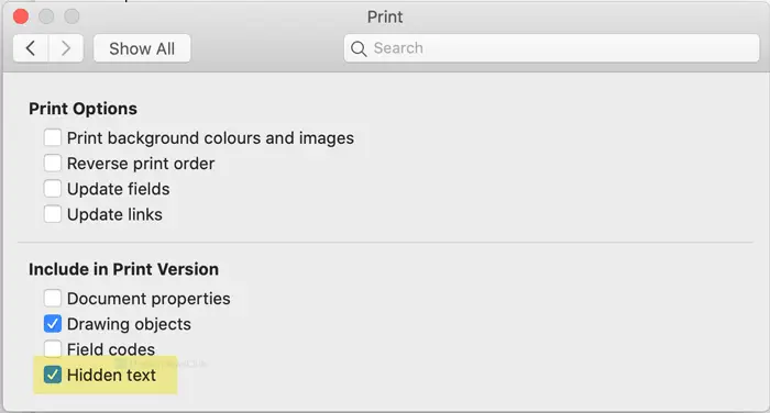 How to print hidden text in Word on Mac
