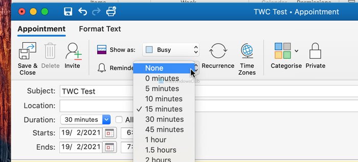 How to turn off Outlook reminder and reminder sound on Mac