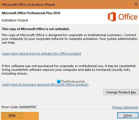 Microsoft Office Activation Error 0x4004F00C