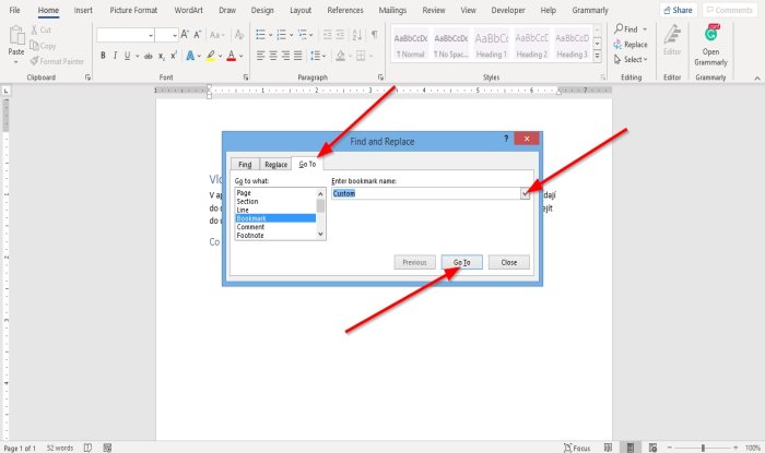 create, insert and move a Bookmark in Word