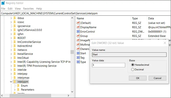 Change intelppm registry value