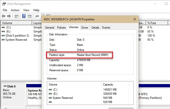How to check if a disk uses GBT or MBR Partition in Windows 10