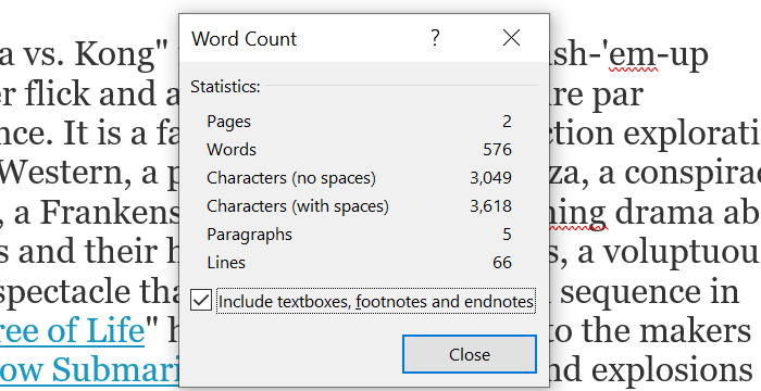 Word Count Dialog Box