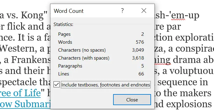 Word Count Dialog Box