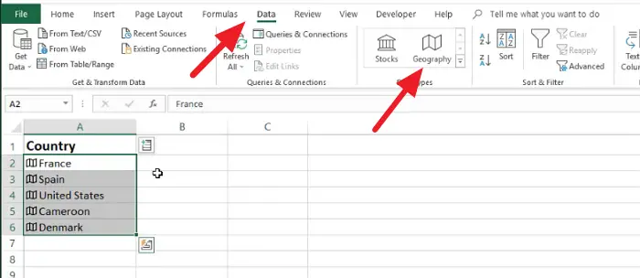 Get geographical data in Excel