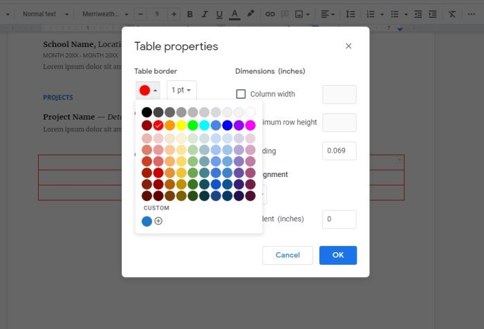 How to add and edit Tables in Google Docs