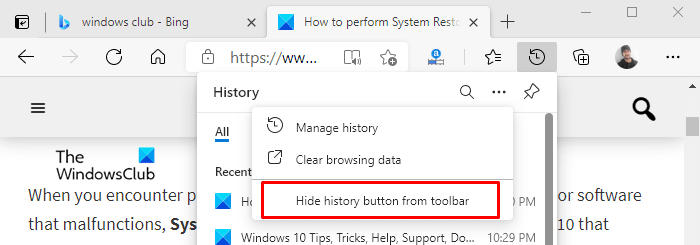 Hide History button on Toolbar in Microsoft Edge