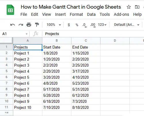 How to Make Gantt Chart in Google Sheets Step 1