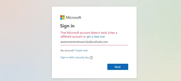 The Microsoft account you entered does not exist - 62