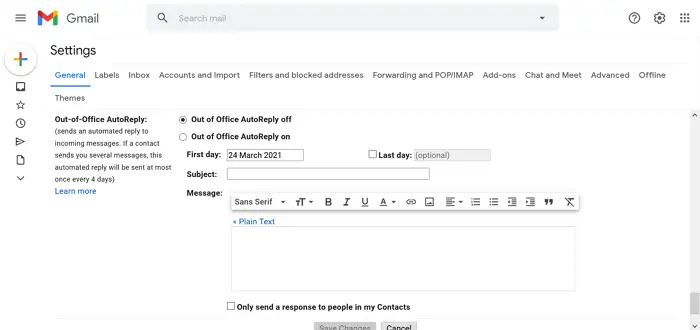 How to set an Out Of Office message in Gmail