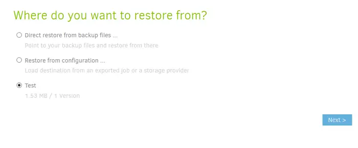 Select the Restore Backup Source in Duplicati