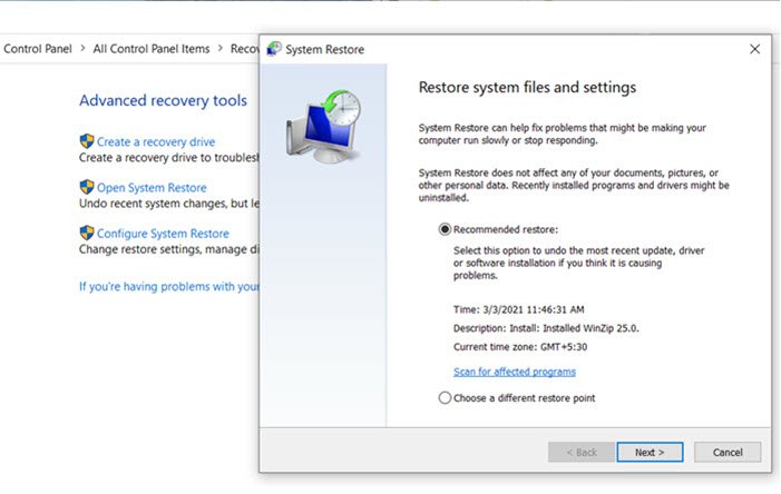 Restore Windows 10 with System Restore