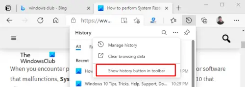 Show Or Hide History Button On Toolbar In Microsoft Edge
